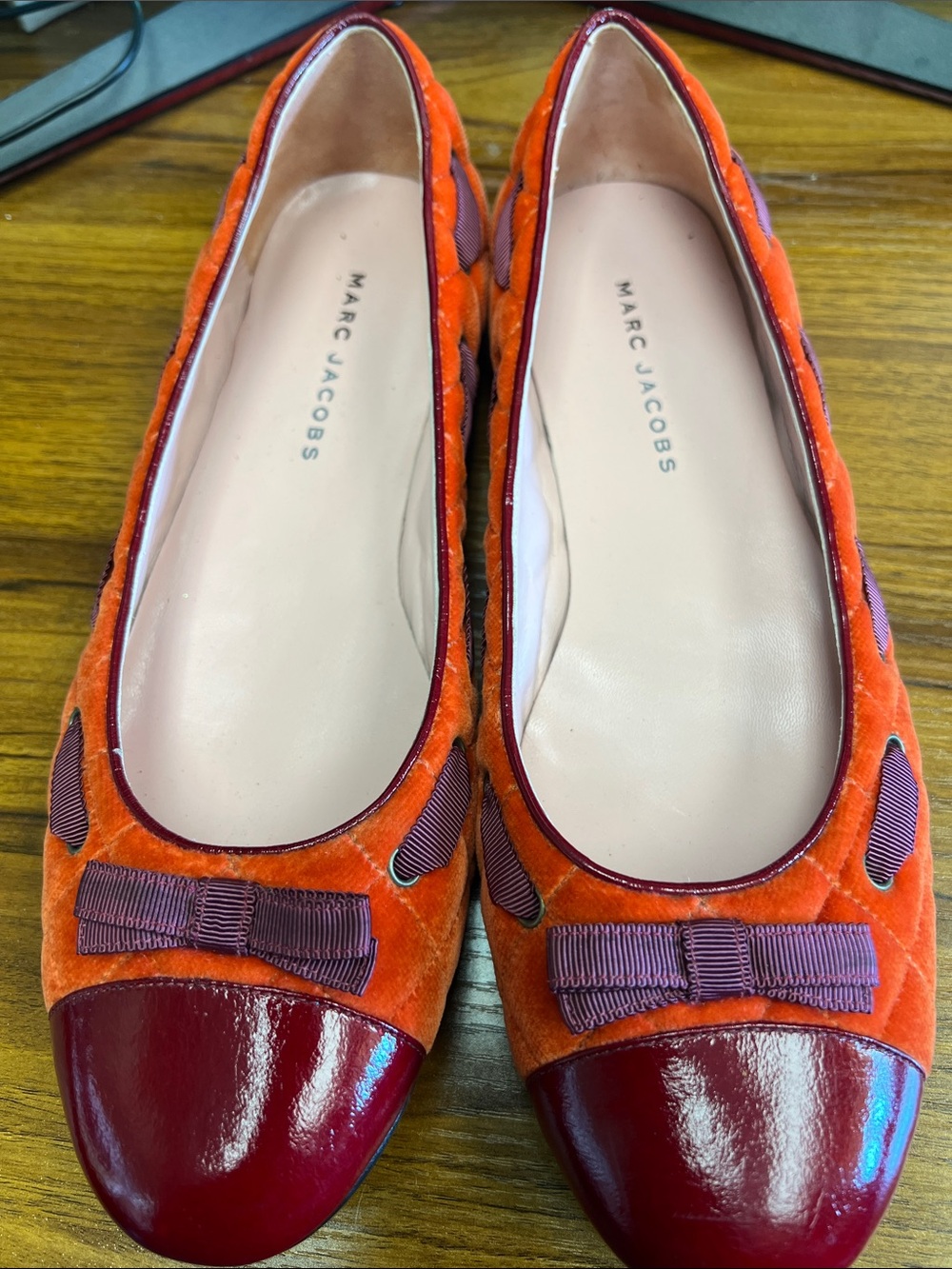 Marc Jacobs Orange Velvet Ballet Flats with Burgundy Patent Cap Toe 9.5